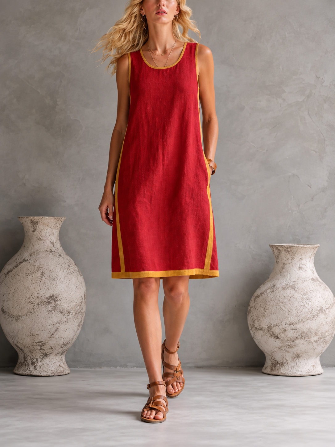 Isolde Blue™ | Sleeveless Button-Placket Linen-Blend Dress