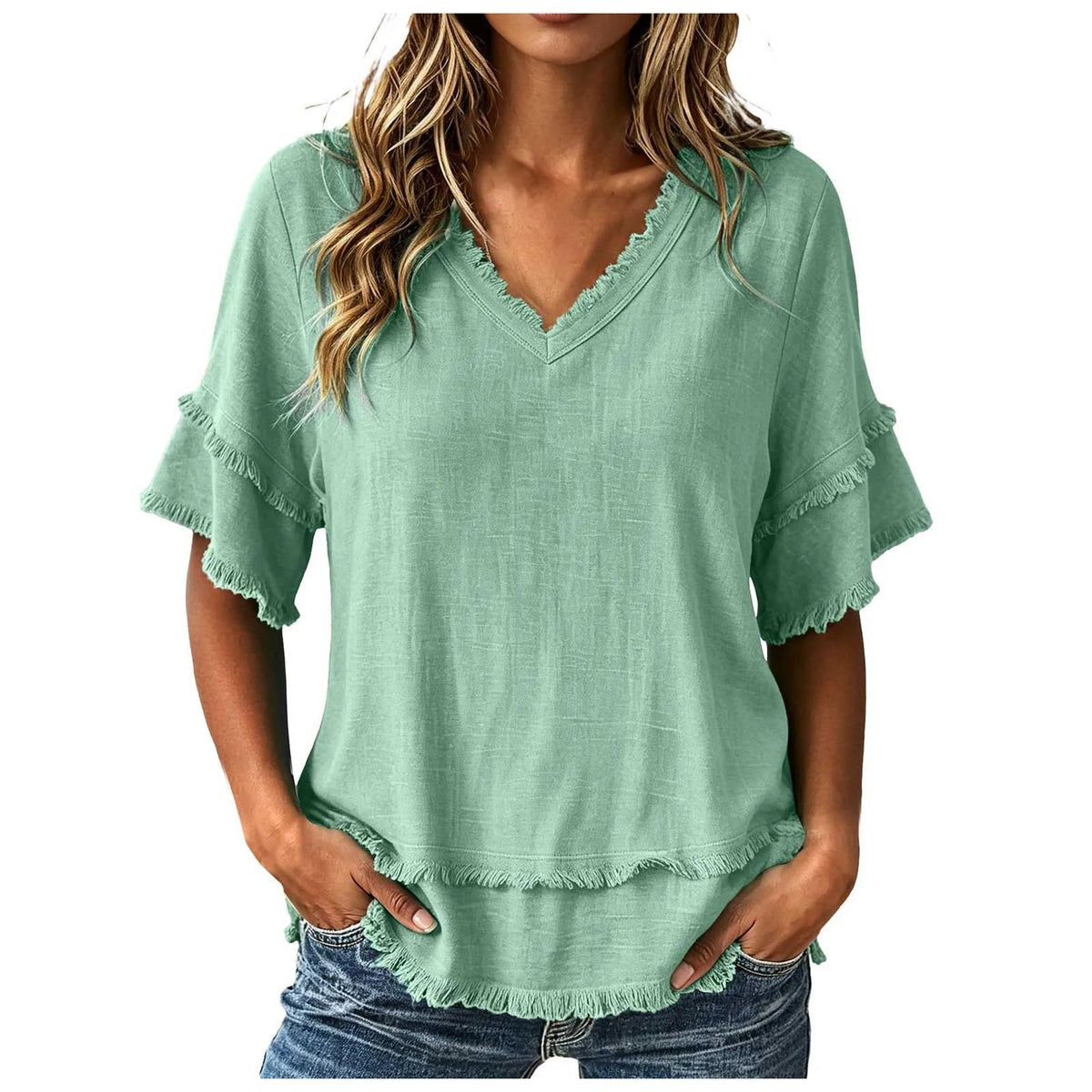 Lila™ | Frayed-Trim V-Neck Top