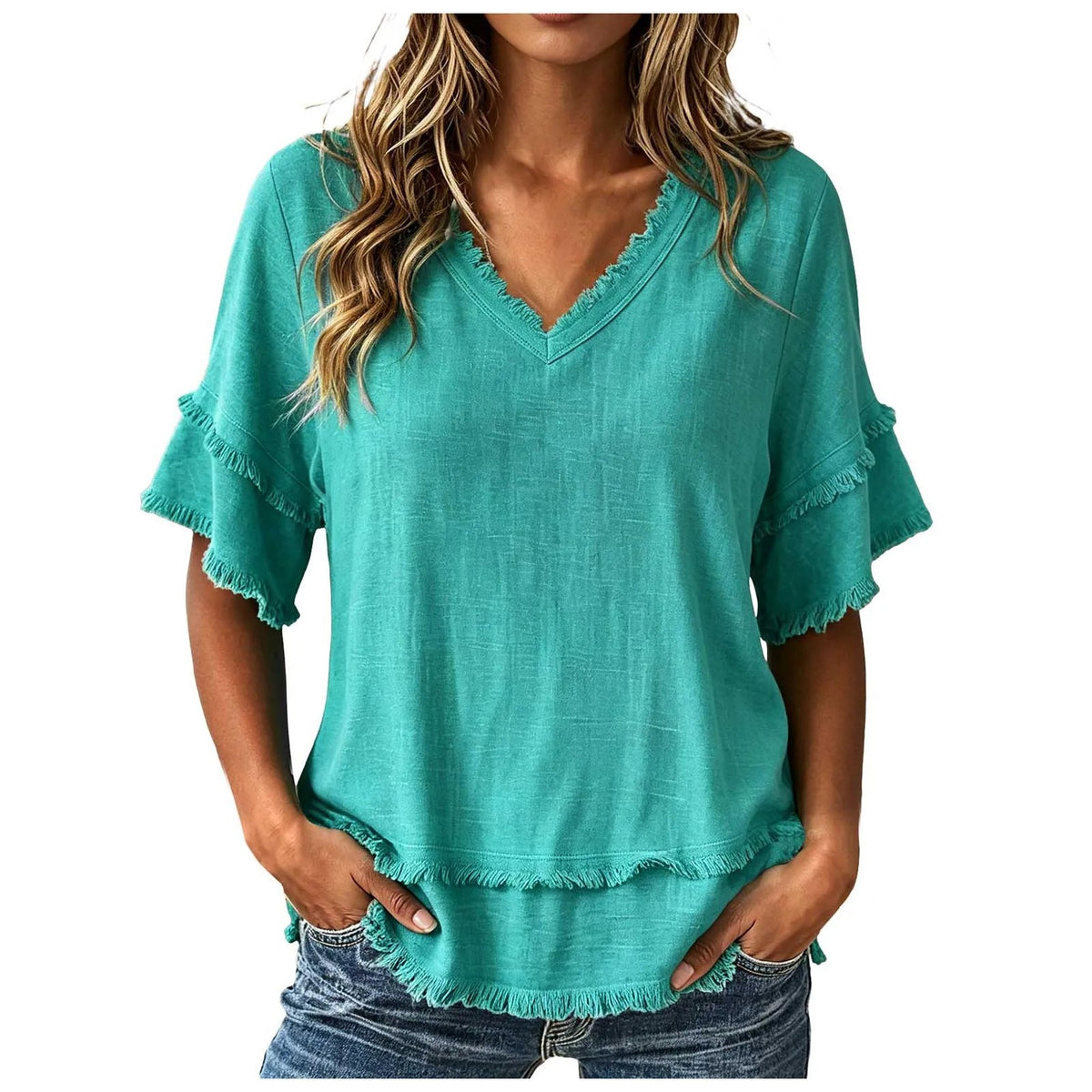 Lila™ | Frayed-Trim V-Neck Top