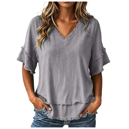 Lila™ | Frayed-Trim V-Neck Top