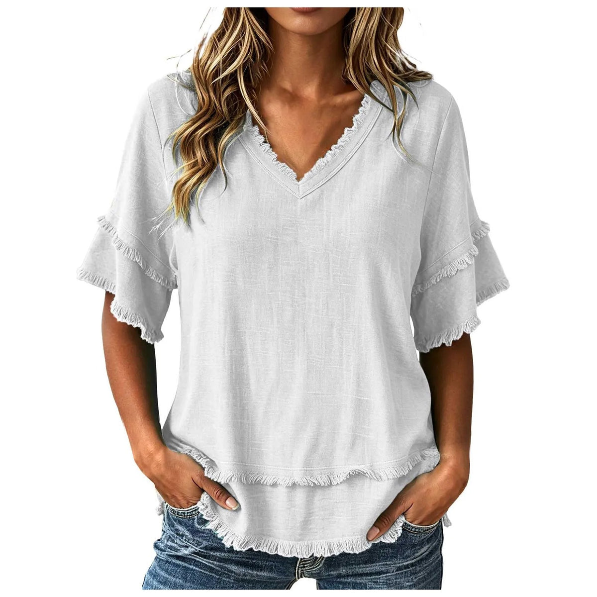 Lila™ | Frayed-Trim V-Neck Top