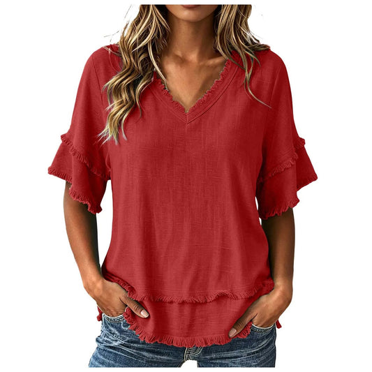 Lila™ | Frayed-Trim V-Neck Top