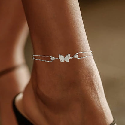 Minimalist Double Layer Snake Bone Butterfly Anklet