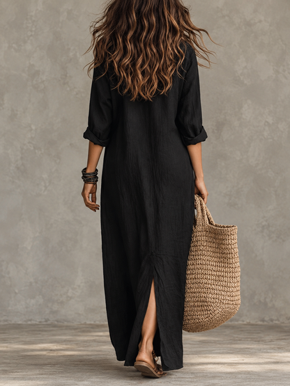 Solenne™ | Collared Split-Front Maxi Shirt Dress