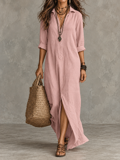 Solenne™ | Collared Split-Front Maxi Shirt Dress