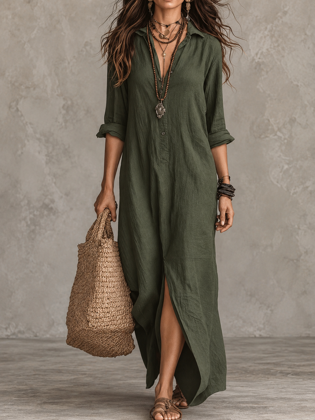 Solenne™ | Collared Split-Front Maxi Shirt Dress