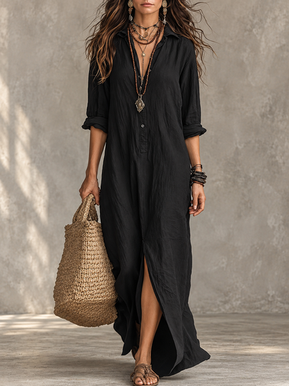 Solenne™ | Collared Split-Front Maxi Shirt Dress