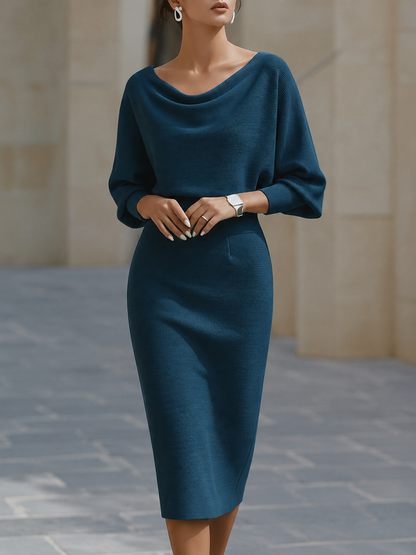 Vivienne™ | Batwing Sleeve Cowl-Neck Knit Midi Dress