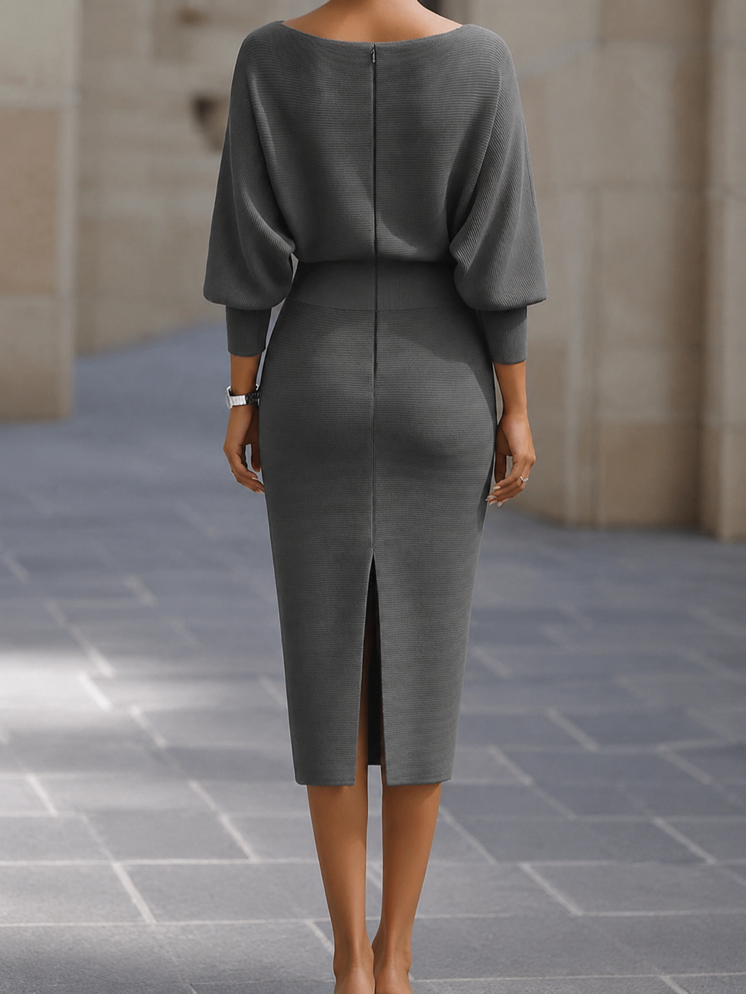 Vivienne™ | Batwing Sleeve Cowl-Neck Knit Midi Dress
