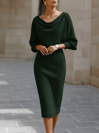 Vivienne™ | Batwing Sleeve Cowl-Neck Knit Midi Dress