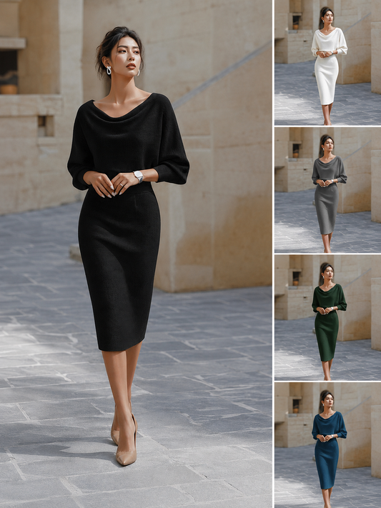 Vivienne™ | Batwing Sleeve Cowl-Neck Knit Midi Dress