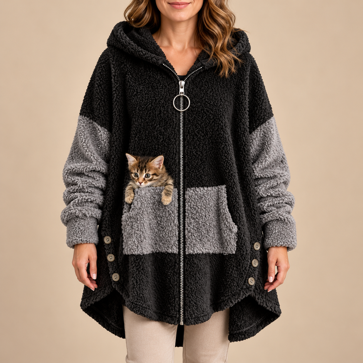 Nell™ | Hooded Fleece Zip Coat with Peeking Cat Pocket
