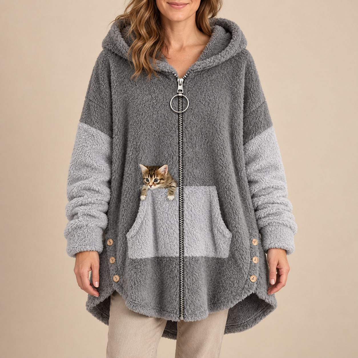 Nell™ | Hooded Fleece Zip Coat with Peeking Cat Pocket