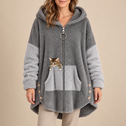 Nell™ | Hooded Fleece Zip Coat with Peeking Cat Pocket