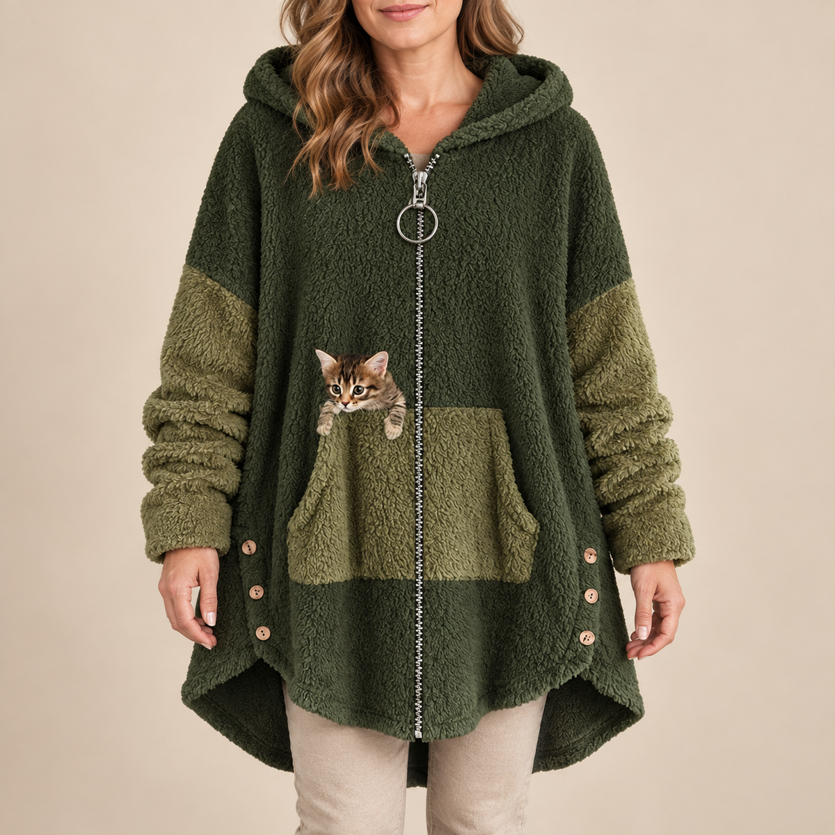 Nell™ | Hooded Fleece Zip Coat with Peeking Cat Pocket