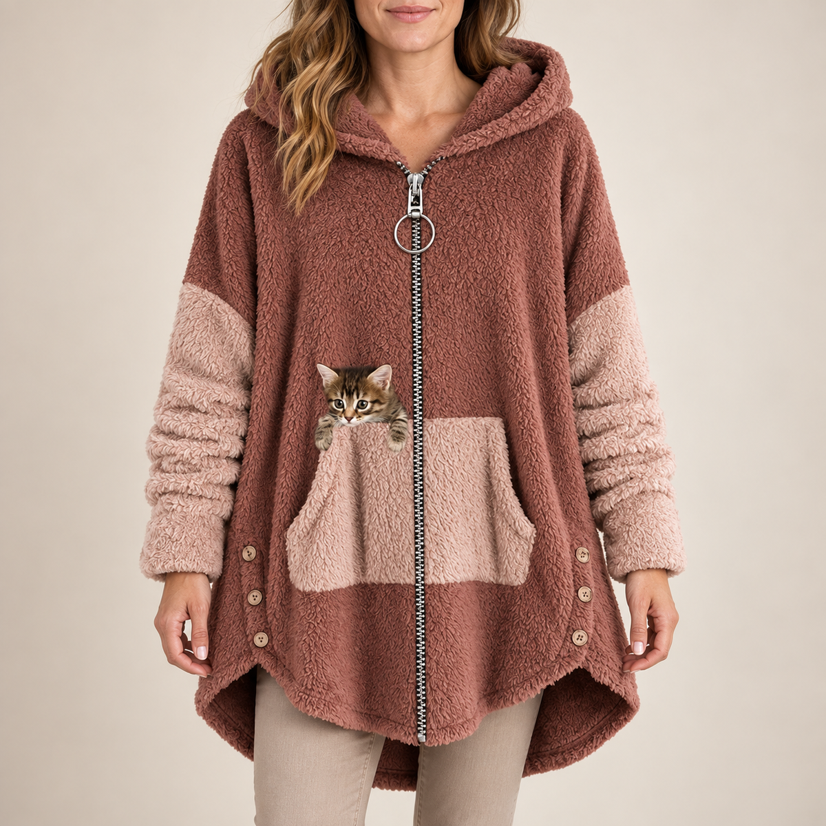 Nell™ | Hooded Fleece Zip Coat with Peeking Cat Pocket