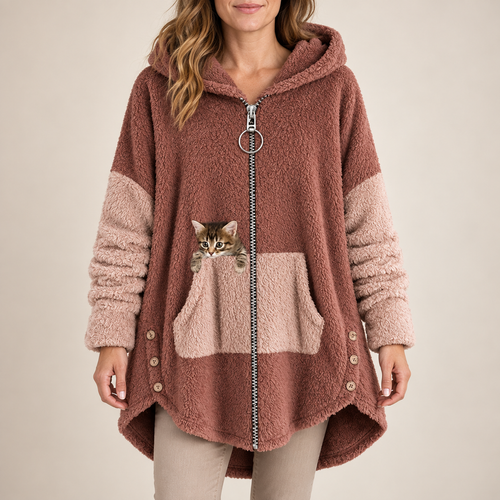 Nell™ | Hooded Fleece Zip Coat with Peeking Cat Pocket