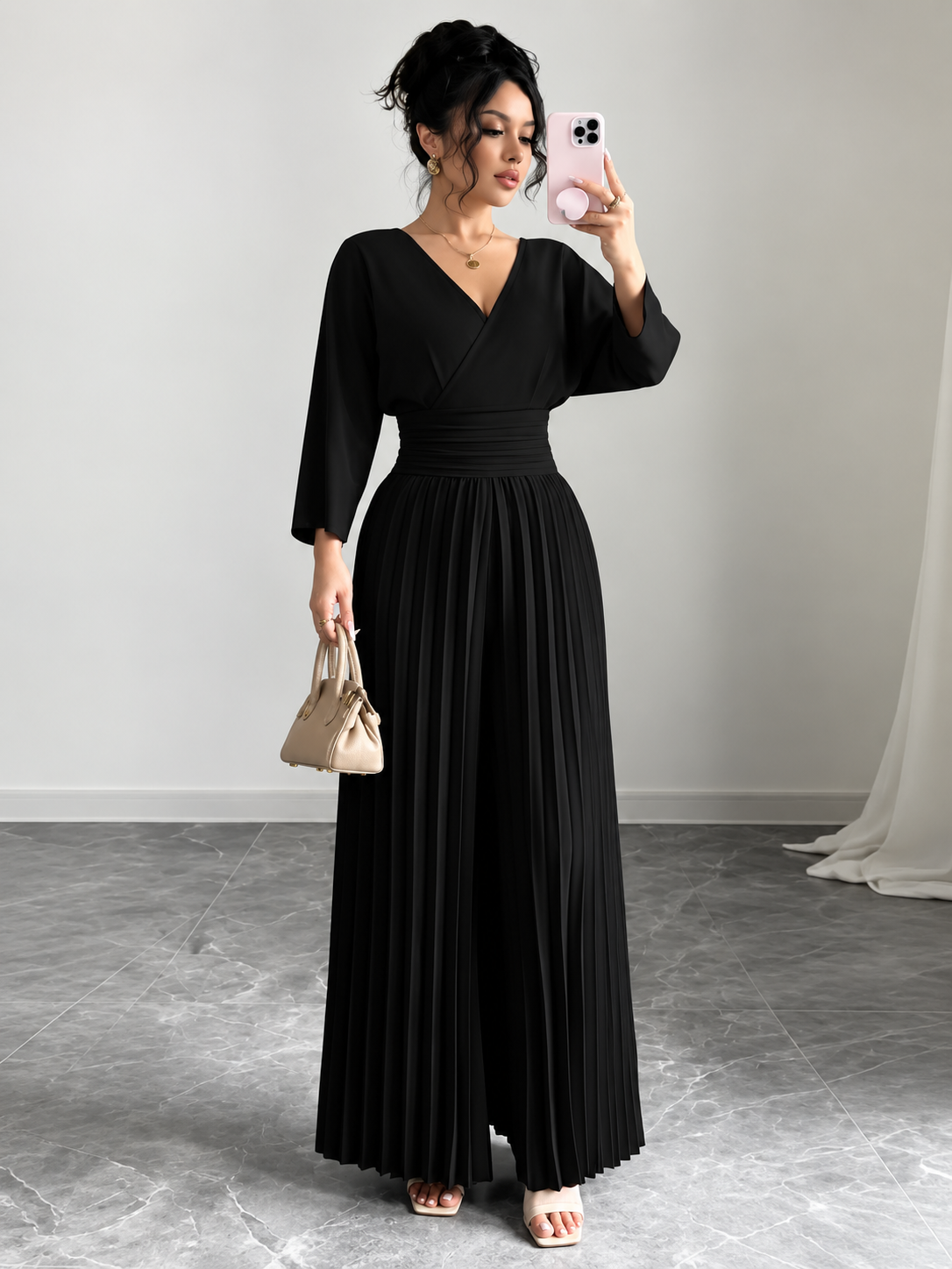 Seraphine™ | Pleated Wrap-Front Wide-Leg Jumpsuit