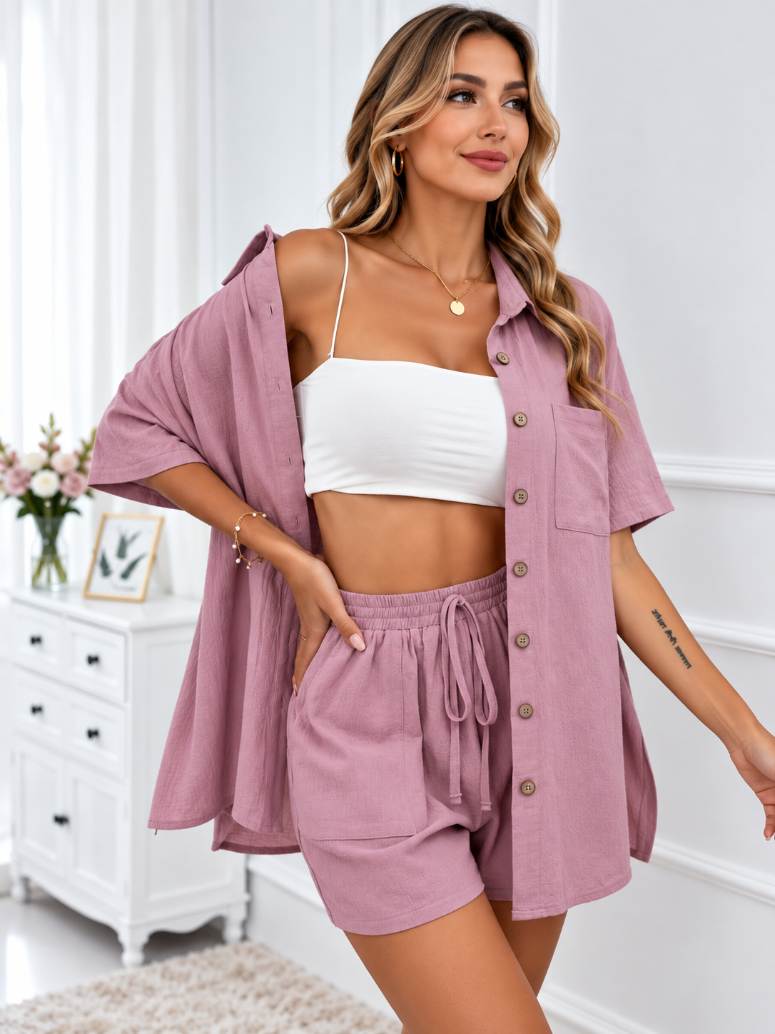 Cassia™ | Relaxed Shirt & Drawstring Shorts Set