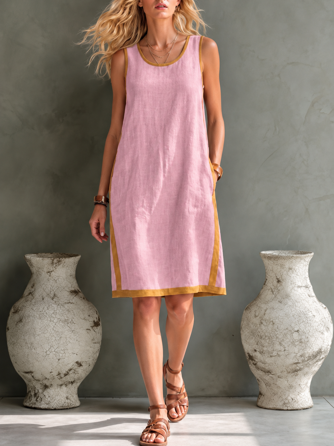 Isolde Blue™ | Sleeveless Button-Placket Linen-Blend Dress