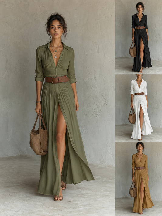 Serena™ | Belted Pleated Shirt Maxi Dress