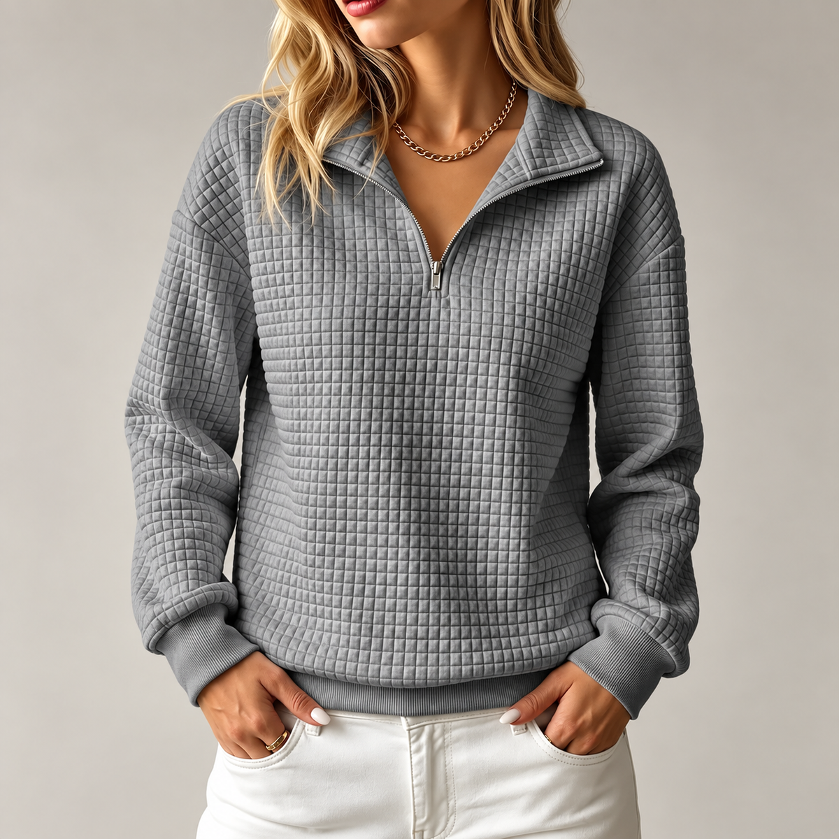 Elowen™ | Waffle-Knit Quarter-Zip Sweatshirt