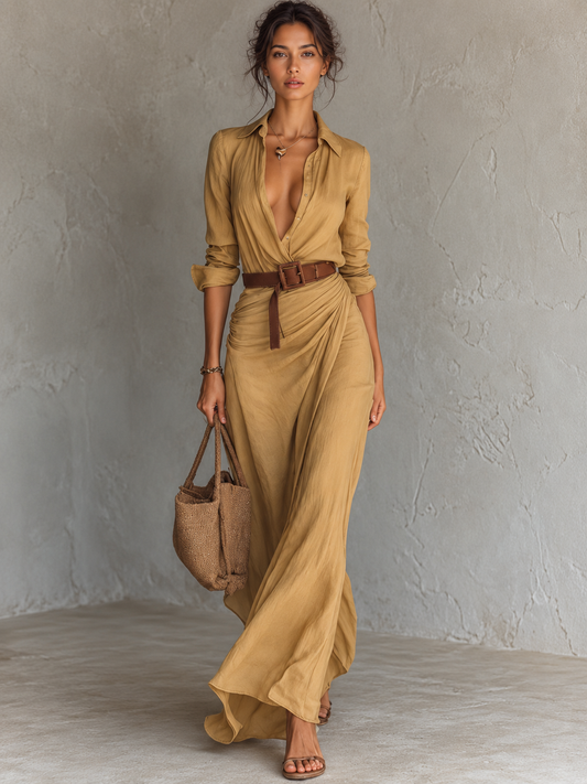 Camille™ | Belted Wrap Ruched Maxi Shirt Dress
