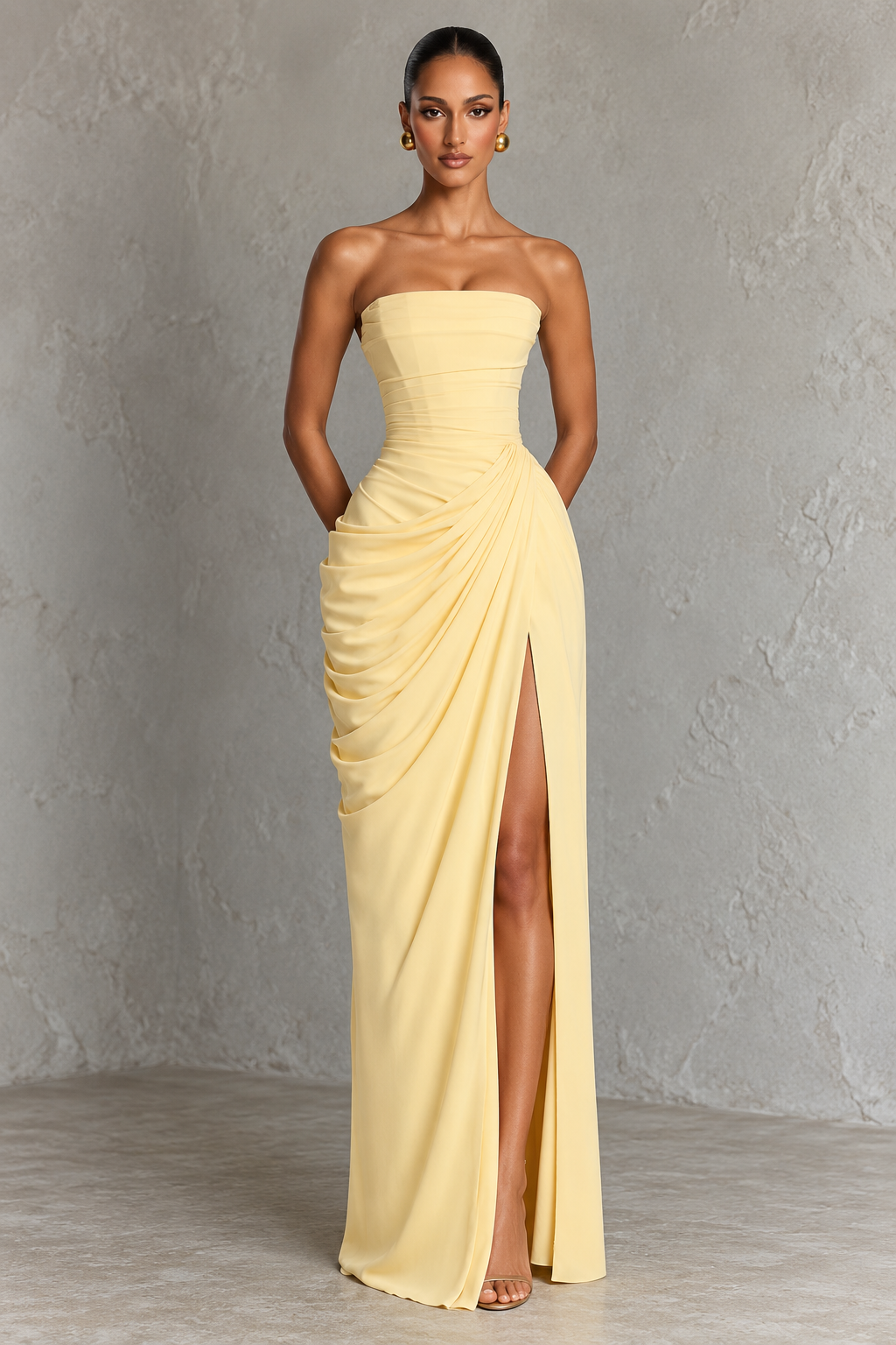 Aurelia™ | Strapless Pleated High-Slit Maxi Gown