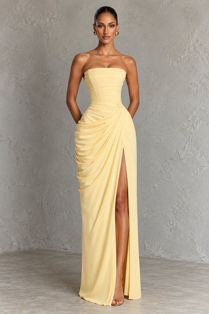 Aurelia™ | Strapless Pleated High-Slit Maxi Gown