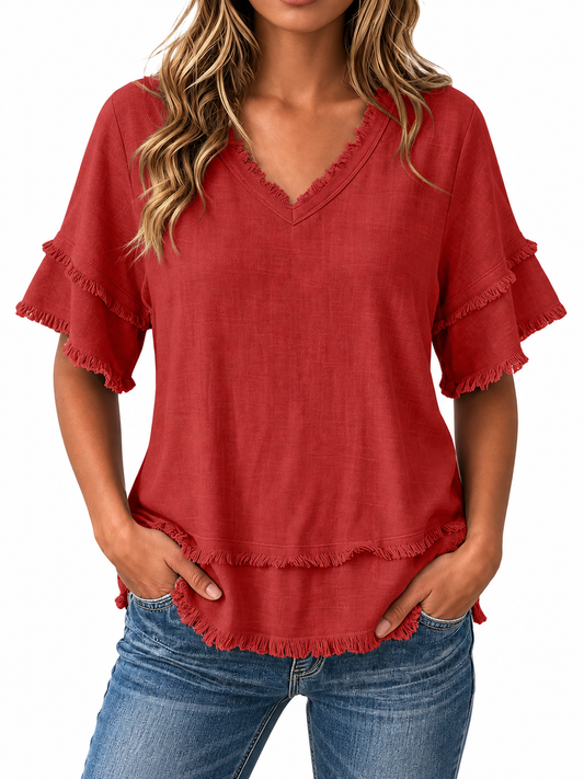 Lila™ | Frayed-Trim V-Neck Top