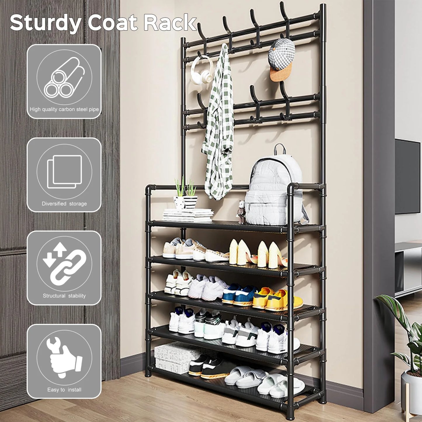 3-in-1 Metal Hall Tree with 5-Tier Shoe Rack & 8 Hooks