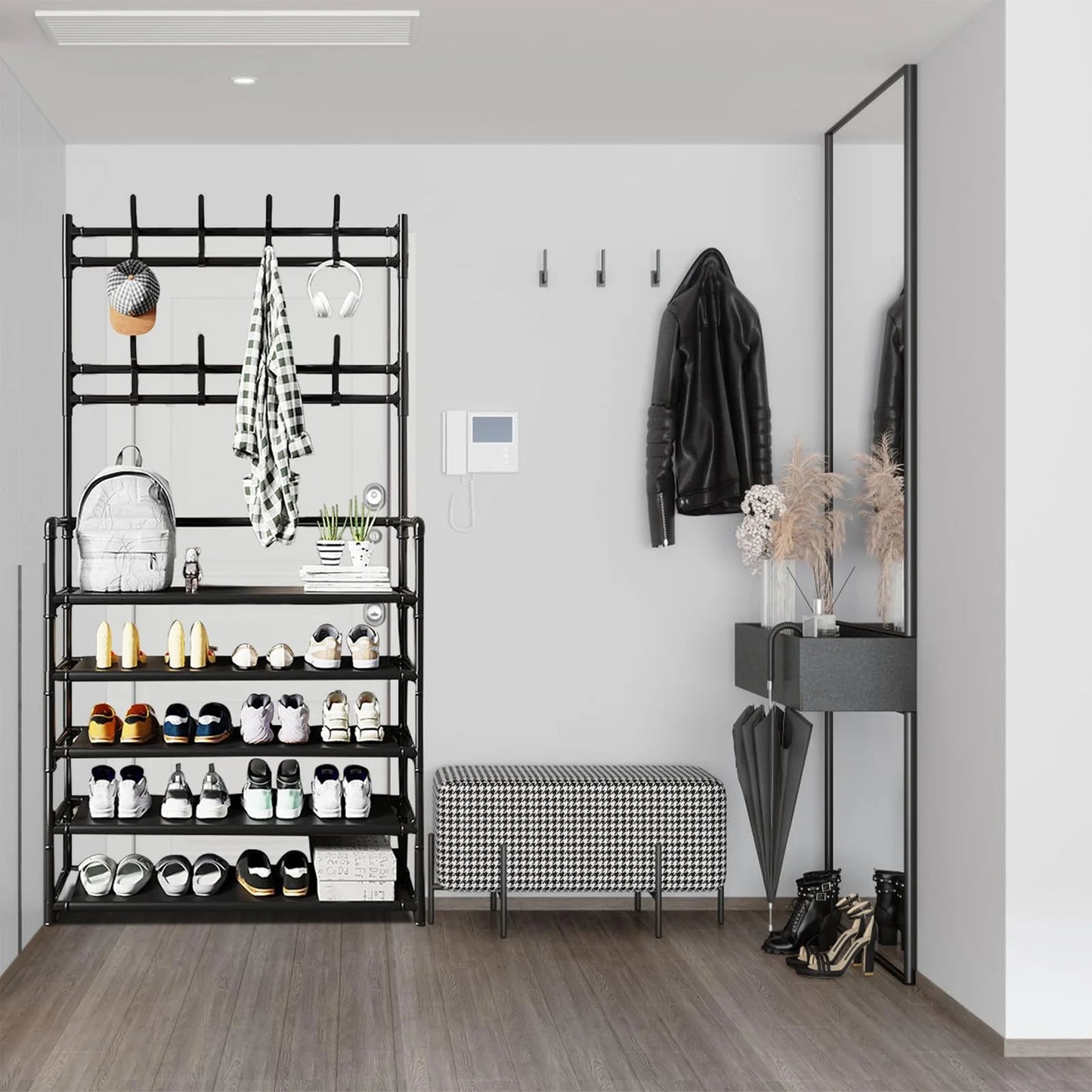3-in-1 Metal Hall Tree with 5-Tier Shoe Rack & 8 Hooks