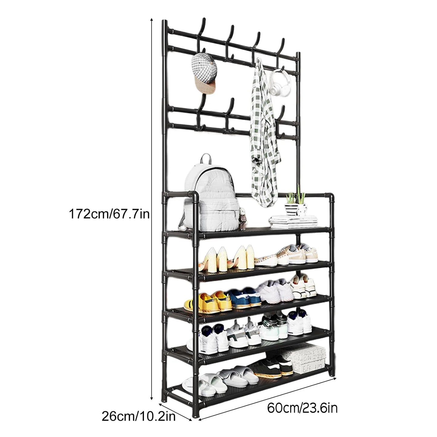 3-in-1 Metal Hall Tree with 5-Tier Shoe Rack & 8 Hooks