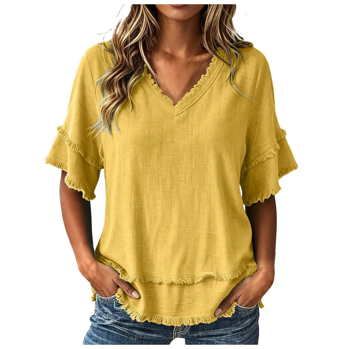 Lila™ | Frayed-Trim V-Neck Top