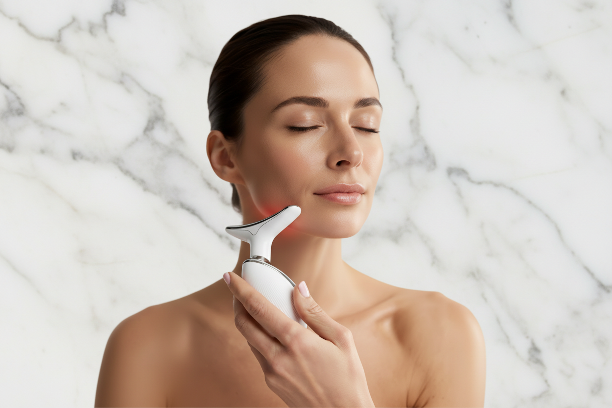 Banner - Woman with Device - Marble Background