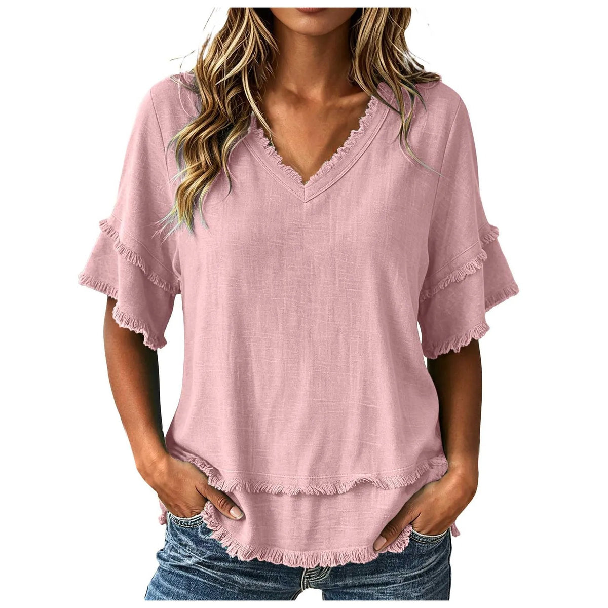 Lila™ | Frayed-Trim V-Neck Top