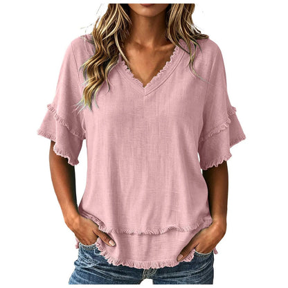 Lila™ | Frayed-Trim V-Neck Top