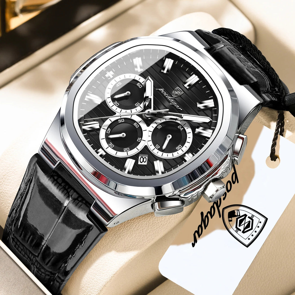 POEDAGAR | Chronograph-Dial Leather Strap Watch