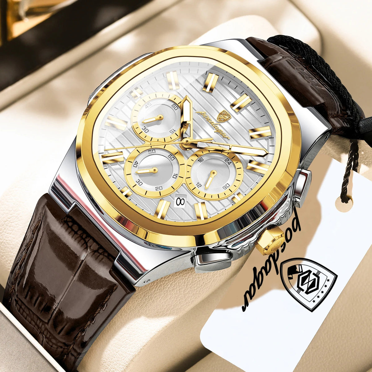 POEDAGAR | Chronograph-Dial Leather Strap Watch