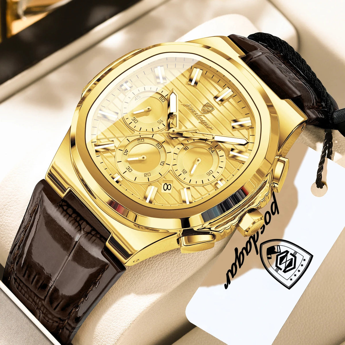 POEDAGAR | Chronograph-Dial Leather Strap Watch