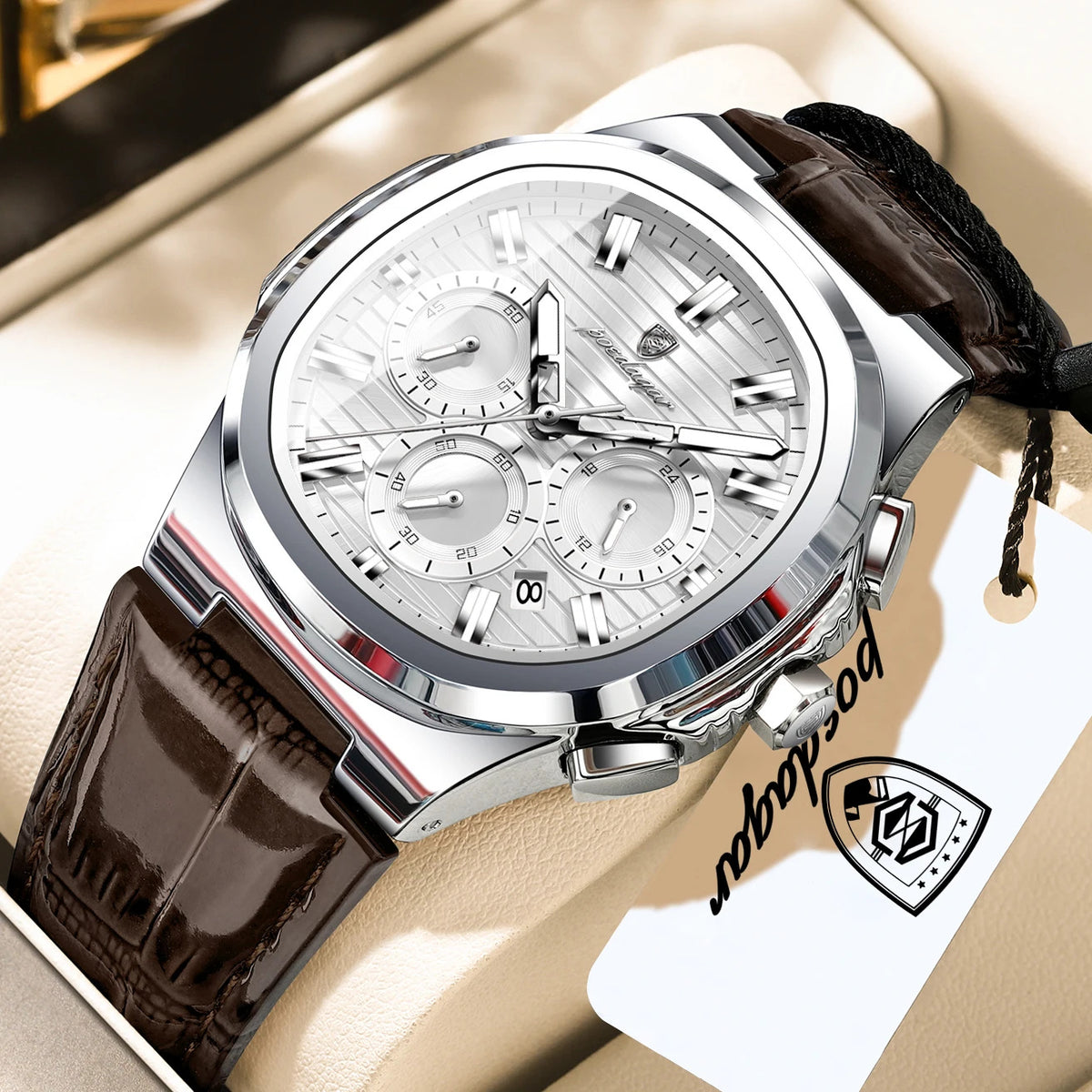 POEDAGAR | Chronograph-Dial Leather Strap Watch