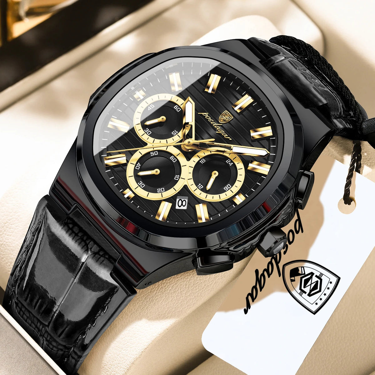 POEDAGAR | Chronograph-Dial Leather Strap Watch