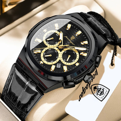 POEDAGAR | Chronograph-Dial Leather Strap Watch