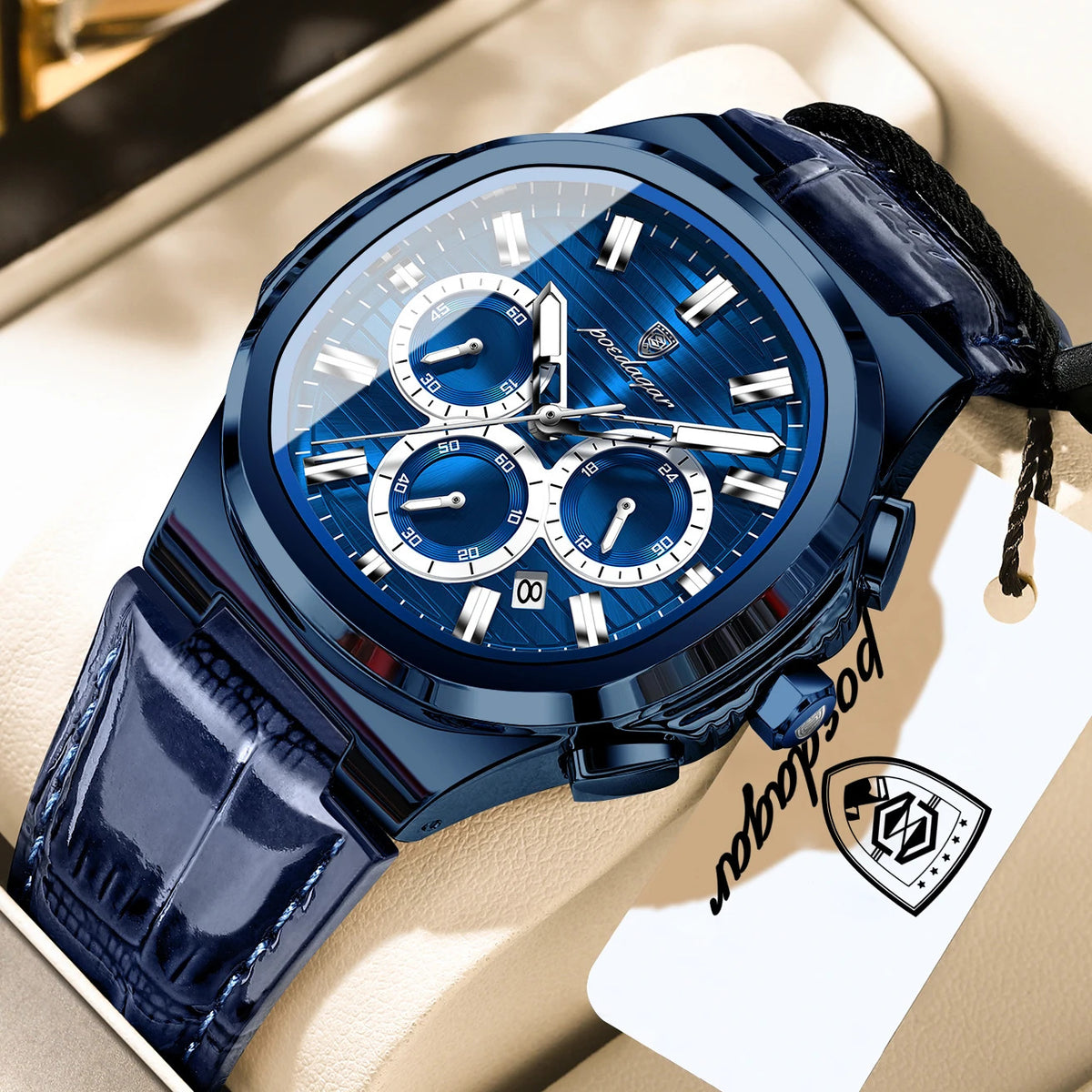 POEDAGAR | Chronograph-Dial Leather Strap Watch