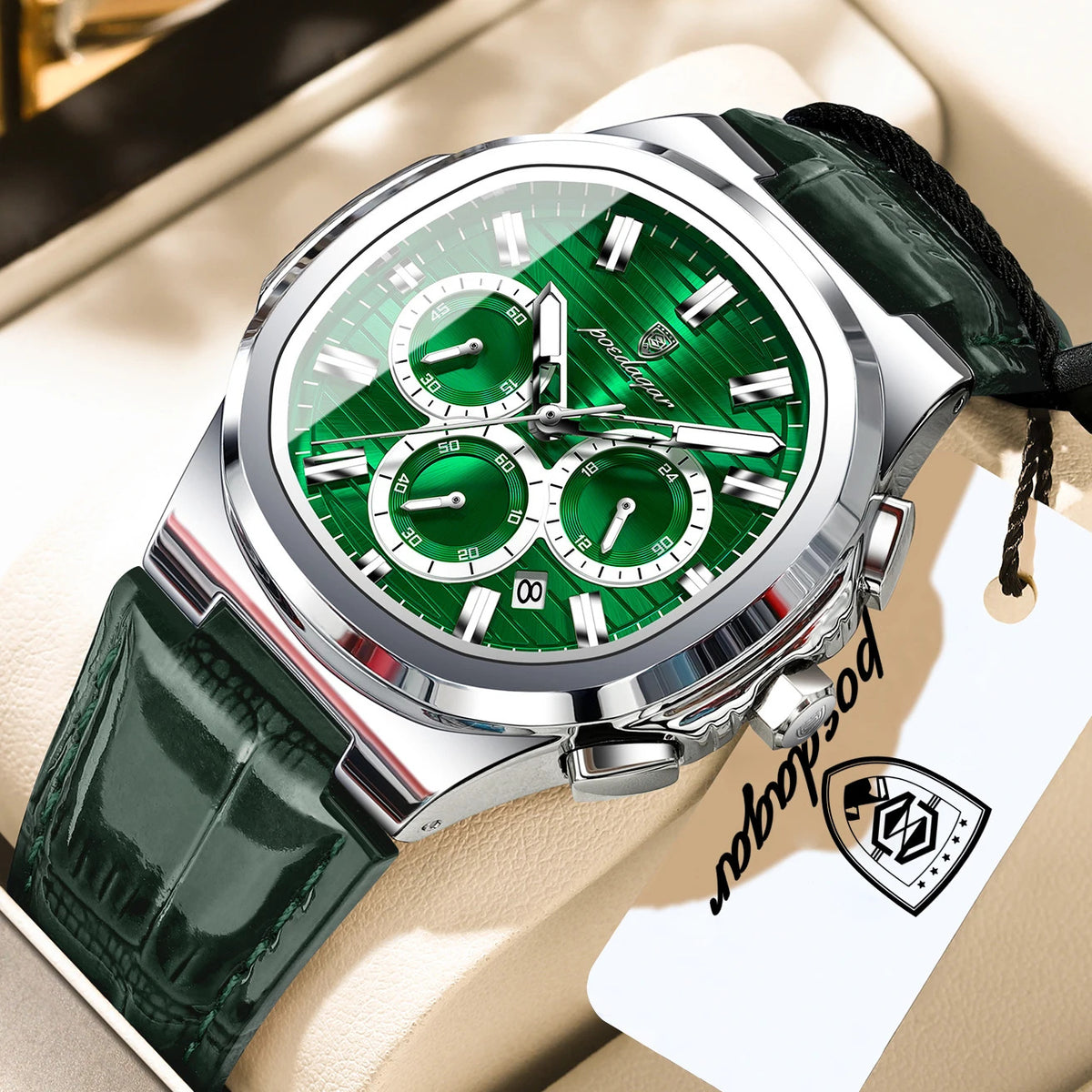 POEDAGAR | Chronograph-Dial Leather Strap Watch